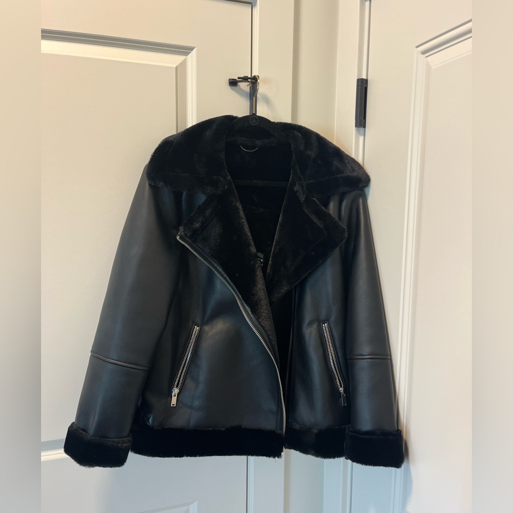 Fashion Nova Black Faux Leather Jacket with Fur Trim